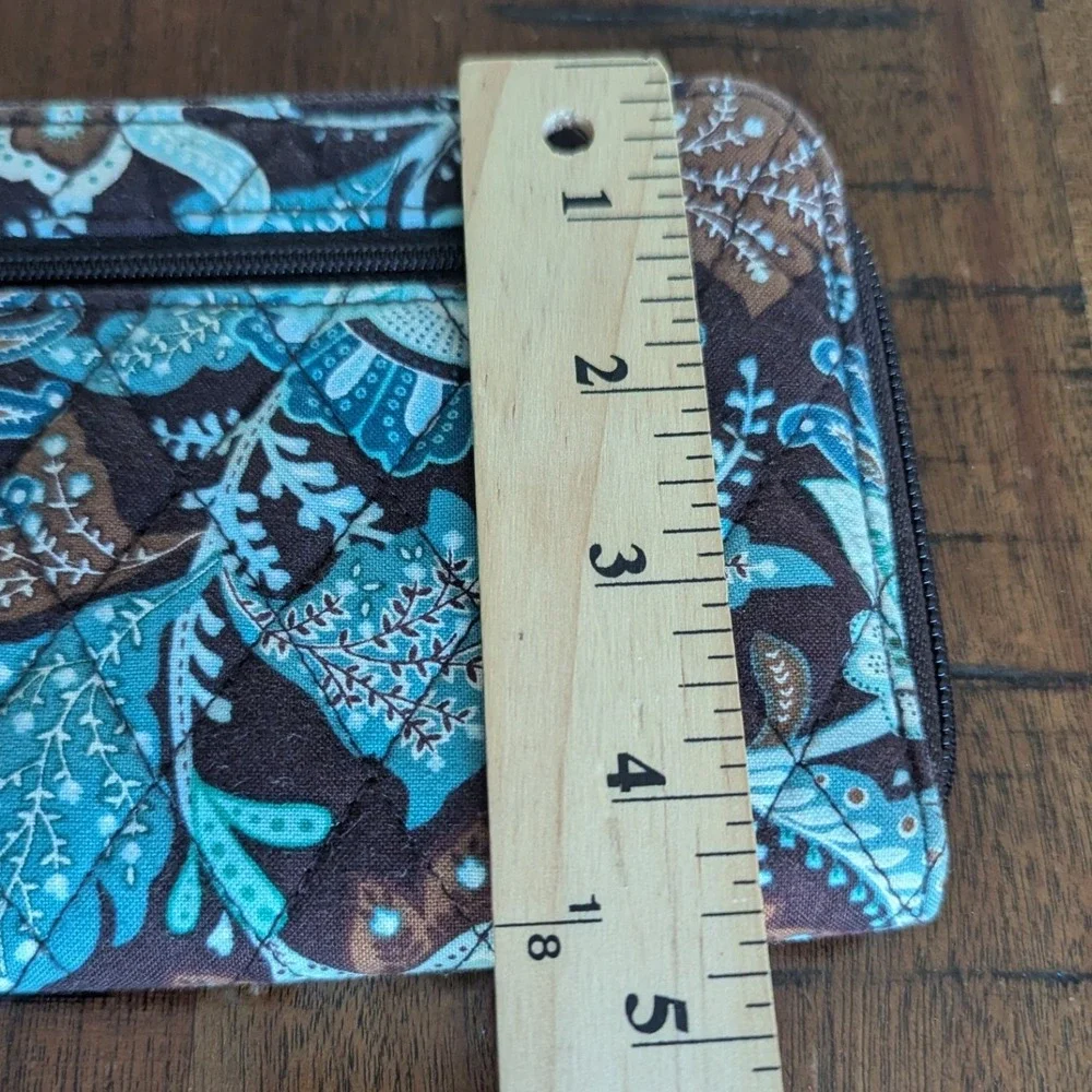 Vera Bradley Zip Around Wallet Teal Brown Paisley Floral Cotton Quilted Slim